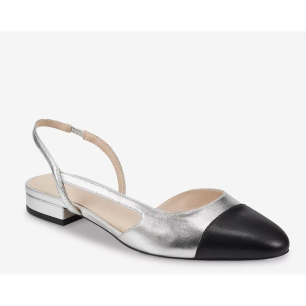 Marc Fisher Dela Closed Toe Slingback Dress Flat Silver Black Sz 7
